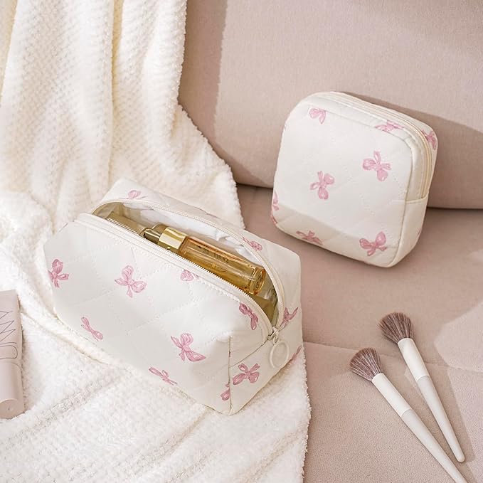 2pcs Small Quilted Cotton Makeup Bag for Purse, Cosmetic Bag with Compartments, Cotton Aesthetic Makeup Bag, Travel Toiletry Pouch, Lipstick Bag Card Holder Data Cable Organizer (Pink Bow Set)