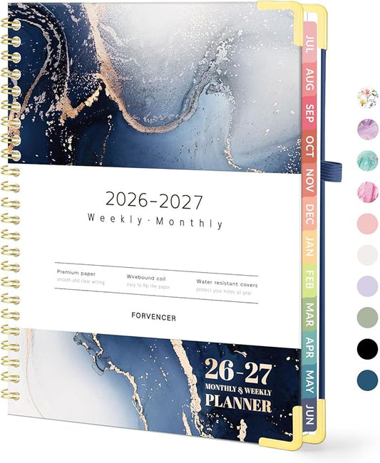 Forvencer Academic Planner 2026-2027, Hardcover Calendar Planner Weekly & Monthly, July 2026 - June 2027, 6" x 8", Daily Agenda with Tabs, College School Organizer for Student Teacher, Navy Marble