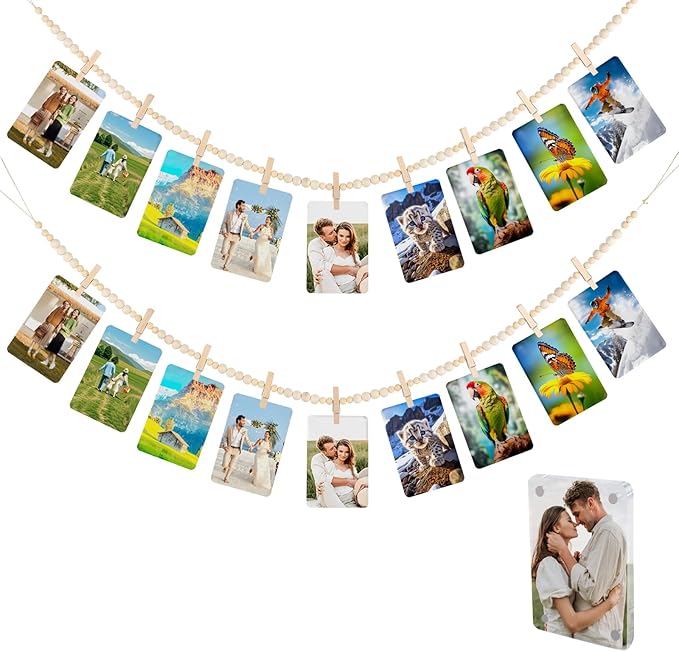 2 Pack Hanging Photo Display with Clips, Boho Wooden Bead Garland Wall Decor, Collage Picture Frame String with 9 Clips for Bedroom Living Room Dorm Office, Christmas Birthday Gifts for Teen Girls
