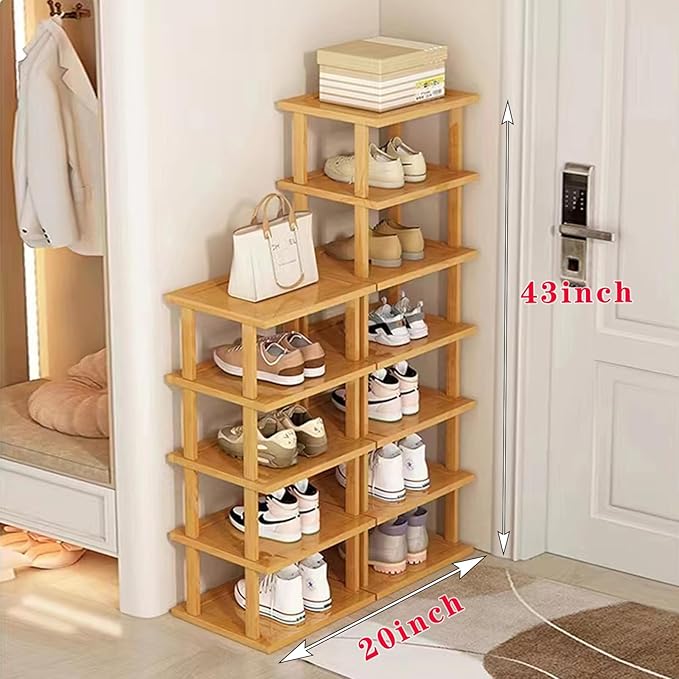 Bamboo Shoe Rack 12-Tier - Vertical Shoe Rack for Small Spaces, Tall Narrow Shoe Rack Organizer for Closet, Entryway, Corner, Garage, and Bedroom, Skinny Shoe Shelf with Free Stackable DIY