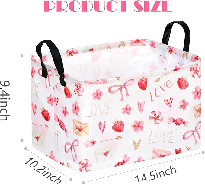 MAIZMZ Empty Gift Basket for Girls Heart Print Storage Cube for Women, Closet Shelf Waterproof Organizer Bins with Handles Nursery hamper Kids Toys Books Box Room Deco