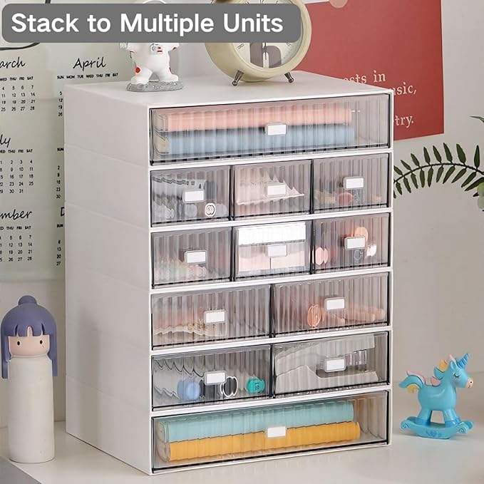 Hacaroa 3 Tier Mini Desk Organizer with 6 Drawers, Plastic Desktop Drawers Storage Box, Stackable Makeup Organizer Craft Storage Case for Office, School, Bathroom, Detachable Design, White