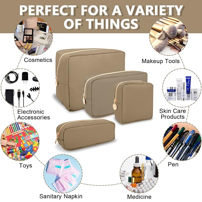 Large Makeup Bag Pouch, Nylon Women Travel Toiletry Storage Bag, Preppy Cosmetic Bag for Girls, Big Makeup Organizer Bag, Cute Zipper Pouch Skincare Bag for Sport Work Gift (Large-Khaki)