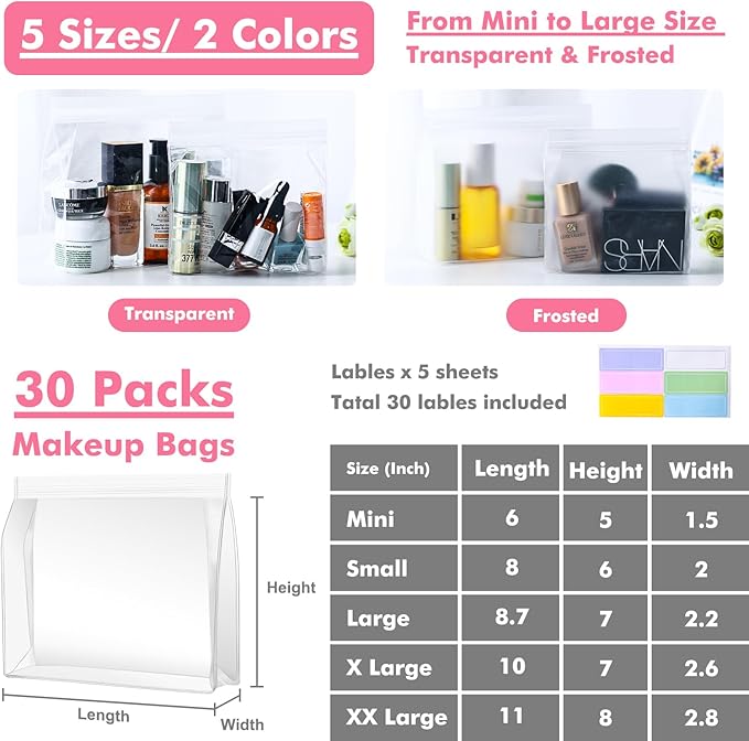 30 Pack Clear Makeup Bag Organizer Cosmetic Zipper Pouch TSA Approved Small Travel Pouches for Toiletries Transparent EVA Reusable Water-resistant Plastic Clear Gift Bags Bulk, 8.7” x 7” x 2.2”