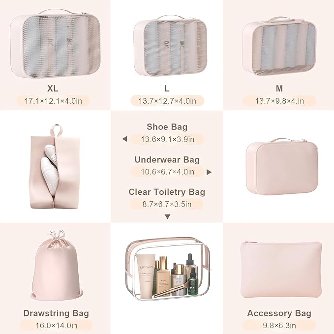 8 Set Packing Cubes for Travel with Clear Toiletry Bag, Durable Luggage Packing Organizers, Carry-On Accessories, TSA Approved See-Through Cubes, Space-Saving Storage Bags, Gifts for Women