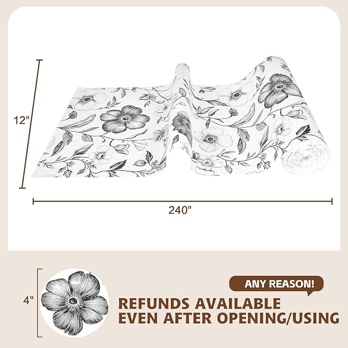 Drawer and Shelf Liner Black Flowers 12in x 20FT, Non Adhesive Anti-Slip Double Layer PVC Reusable Thickened Waterproof Easy Clean for Kitchen Cabinets Refrigerator with Knife Tape Measure