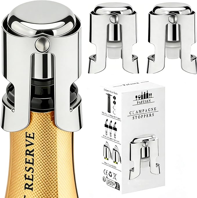 Champagne Stoppers for Bottles, Pafusen 2 Pack Champagne Sealer Stopper, Stainless Steel Champagne Cork Stopper Toppers, Saver for Champagne Cava Prosecco Sparkling Wine