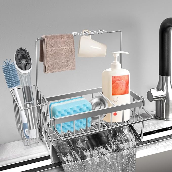 Yazoni Sponge Holder for Kitchen Sink, Rustproof Kitchen Sink Organizer Countertop Holder with High Brush Holder, Multifunctional Soap Dispenser Organizers and Storage Essentials