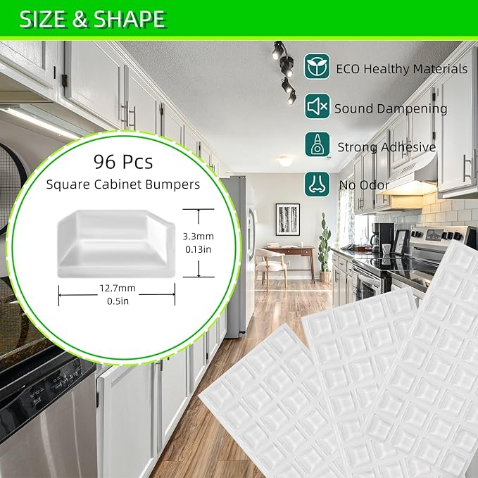 Furnigear Cabinet Bumpers Soft Self-Adhesive Clear Rubber Bumper- Cabinet Door pumpers dots Clear Cabinet stoppers Furniture Noise Reducing Silicone Rubber Bumper Extremely Durable(96Pcs)