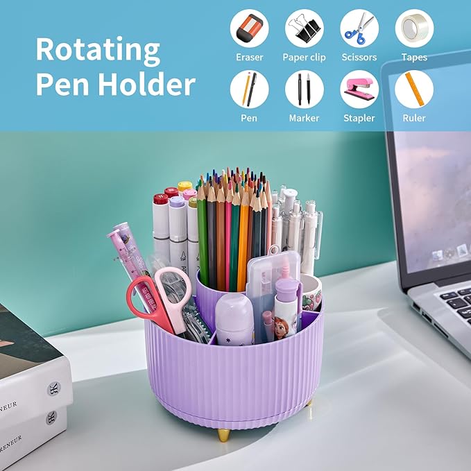 Marbrasse Desk Organizer, 360-Degree Rotating Pen Holder, Desk Organizers and Accessories with 5 Compartments Pencil Holder, Art Supply Storage Box Caddy for Office, Home（Purple）
