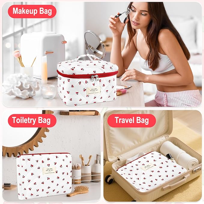 3Pc Cotton Quilted Makeup Bag for Women Extra Large Coquette Small Floral Travel Cosmetic Bag Set Cute Cherry Makeup Pouch Portable Toiletry Bag Organizer Vintage Puffy Essential Storage Bag