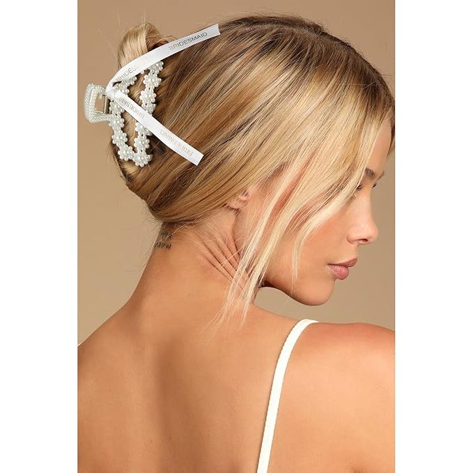 DEEKA Bridesmaid Proposal Gifts 8 Pack Pearl Bridesmaid Hair Claw Clips with Ribbon 3 Inch Hair Clips Bachelorette Party Favors Bridal Party Present Hair Accessories (Half Circle)