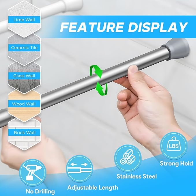 Tension Rod 16 to 26 Inch Sliver Tension Curtain Rod for Window Cupboard Closet Bookshelf Diy Projects Wardrobe，Tension Rod 1pack Extendable Curtain Rods No Drill Spring Tension Curtain Rod