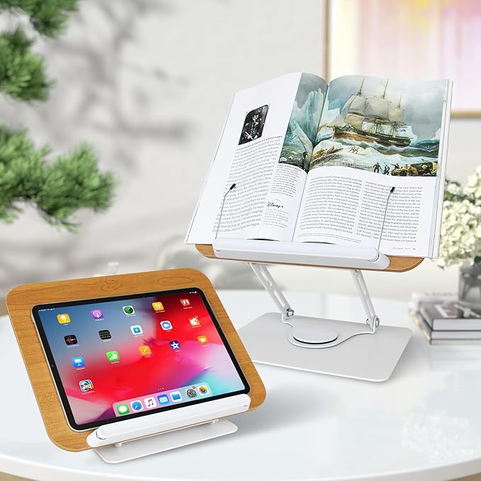 trophable Book Stand for Reading Cookbook Stand Book Holder with 360 Rotating Base Page Clips Book Display Stand for Recipe Sheet Music Laptop Drawing Tablet