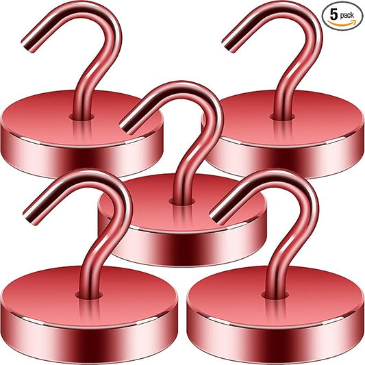 Neosmuk Magnetic Hooks, Cruise Ship Essentials, 100lb+ Heavy Duty Magnetic Hooks for Cruise Cabins, Refrigerator, Grill, Hanging, and Travel | Extra Strong Must-Have Magnet Hook, Red, 5 Pack