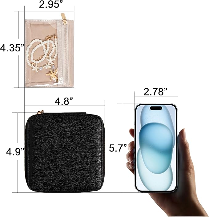 Frebeauty Small Travel Jewelry Box,Travel Jewelry Case with 6 Pouch Bags,Portable Travel Jewelry Organizer,Mini Jewelry Storage,3.35 x 4.9 x 4.8 Inches,Gift Idea for Women Girls(Black)