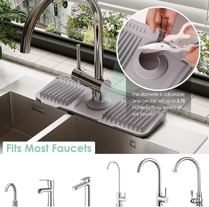 14.6 Inch Silicone Faucet Mat for Kitchen Sink Splash Guard - 7° Slope Water Draining Mat With Fasten Button for Bathroom Area (Gray, 14.6''x5.5'')