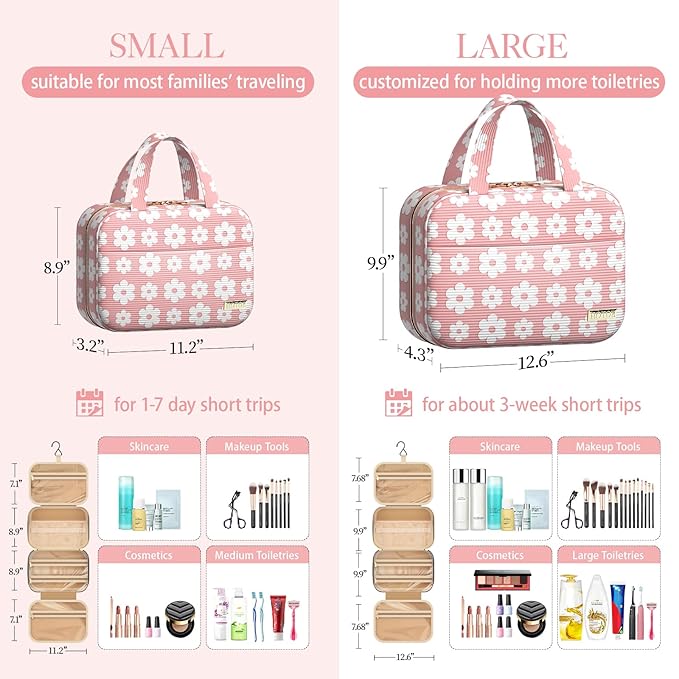 HOTOR Travel Toiletry Bag - Hanging Toiletry Bag for Women & Men, Makeup Bag/Large Compartment, Waterproof for Travel Accessories, Travel Essentials, Medium, Pink with White Daisy