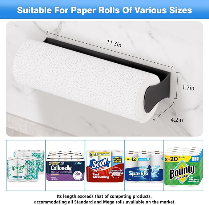 Paper Towel Holder Under Cabinet, Adhesive or Screw Mount, Fits Standard & Mega Rolls, Wall Mount Rack for Kitchen, Bathroom, RV, Black