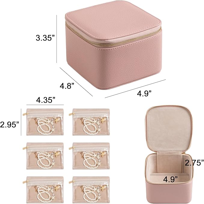 Frebeauty Small Travel Jewelry Box,Travel Jewelry Case with 6 Pouch Bags,Portable Travel Jewelry Organizer,Mini Jewelry Storage,3.35 x 4.9 x 4.8 Inches,Gift Idea for Women Girls(Pink)