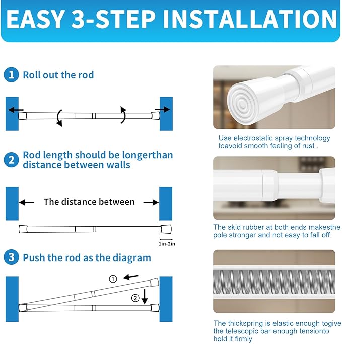 AIZESI Tension Curtain Rod for Windows 26.5 to 36 inch, Adjustable Expandable Pressure Spring Curtain Rod No Drilling, White Curtain Rod for Bedroom Doorway Closet Door