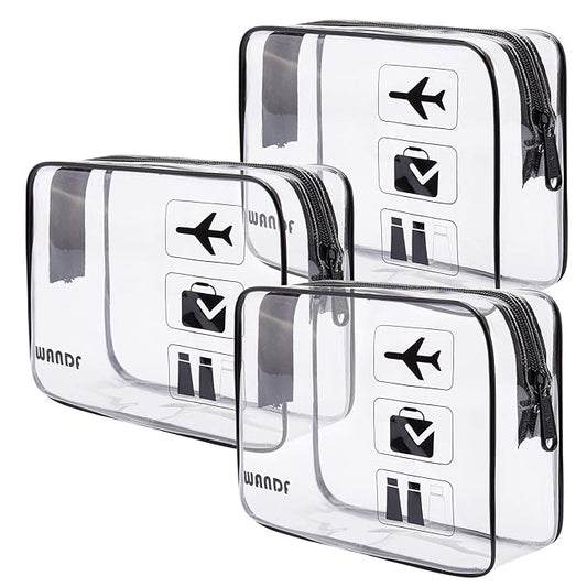 WANDF TSA Approved Toiletry Bag, 2 Packs Travel Clear Toiletry Bag, Quart Size Makeup Cosmetic Pouch with Zipper, Carry-On Airport Compliant Bag for Women and Men(3 pcs, Black)