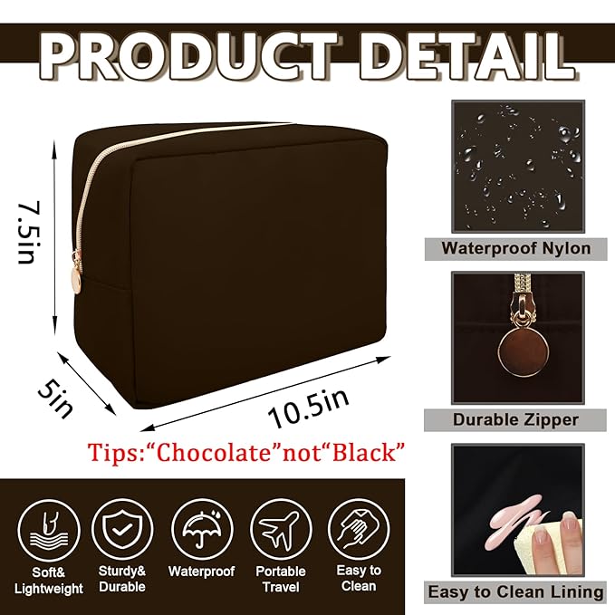 Large Makeup Bag Pouch, Nylon Women Travel Toiletry Storage Bag, Preppy Cosmetic Bag for Girls, Big Makeup Organizer Bag, Cute Zipper Pouch Skincare Bag for Sport Work Gift (Large-Chocolate)