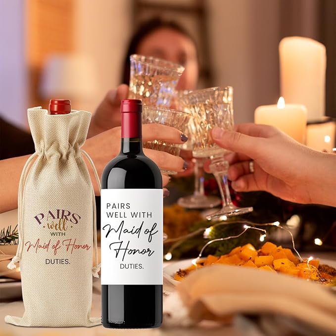 Matron of Honor Proposal Gifts Wedding Day Essentials Bridesmaid Duties Wedding Wine Bag with 2pcs Wine Labels