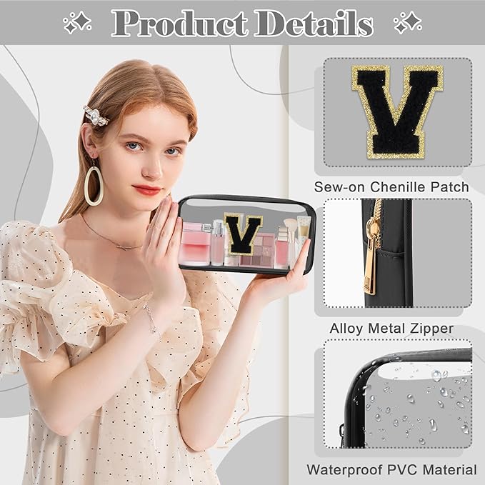 Personalized Initial Letter Clear Makeup Bag, Preppy Small Nylon&PVC Cosmetic Zipper Bag with Chenille Letter, Travel Skincare Toiletry Bag, Monogram Christmas Gift for Teen Girls Women, V