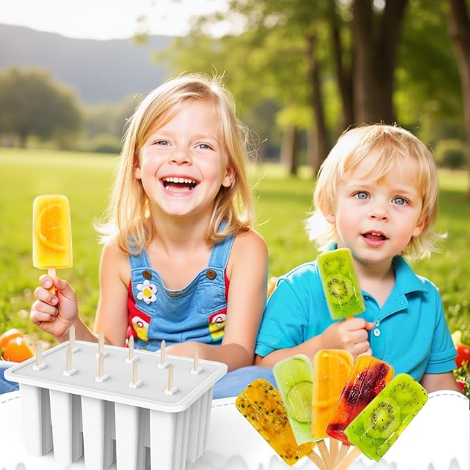 Miaowoof Homemade Popsicle Molds, 10-Cavity Non-BPA Silicone Ice Pop Maker, with 50 Sticks, 50 Bags, 10 Reusable Sticks, Funnel, Brush and Ice Pop Recipe (White)
