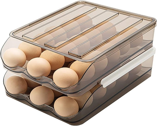 Egg Holder for Refrigerator Auto Scrolling Organizer Plastic Stackable Storage Container Reusable Clear Tray Box Basket Bin Lid Drawer Carrier Keeper(2 Layer)