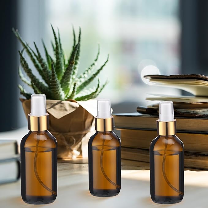 Fumete 2 Pack Glass Bottles 4oz Empty Refillable Liquid Containers with 1 Label 1 Funnel for Essential Oils Hair Travel Plants Cleaning Skin Care(Amber, Golden Top,Mist Bottle)
