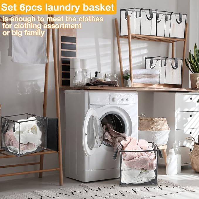 Zopeal 6 Pack Popup Laundry Hamper 13 Inch Collapsible Laundry Baskets with Handles Mesh Clothes Baskets Portable Single Layer Foldable Clothes Hamper Square Bin for Washing, Toy Storage (Grey)