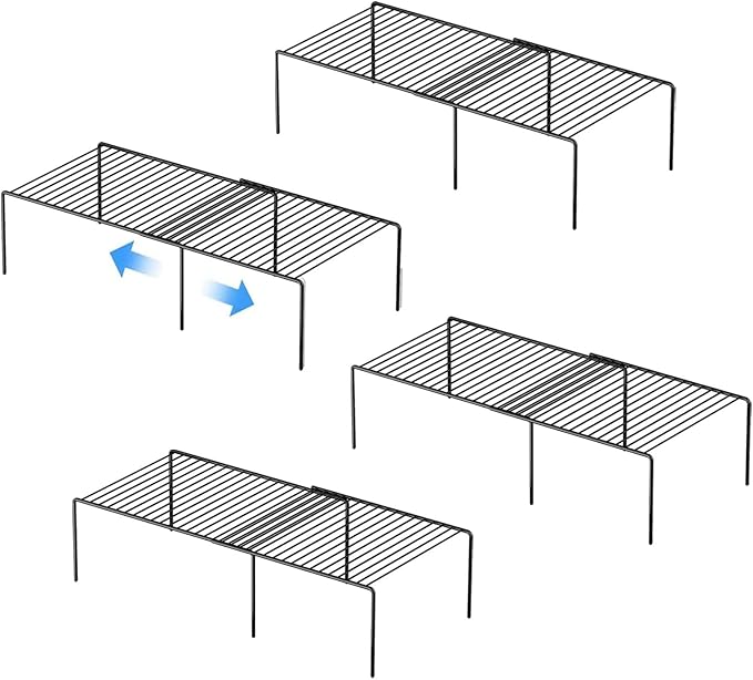 Kitchen Cabinet Expandable Shelf Organizers Set of 4, Adjustable Metal Wire Pantry Storage Shelves, Plate Dish Organizer Rack for Cabinets, Cupboard, Counter, Freezer, Countertop, Black