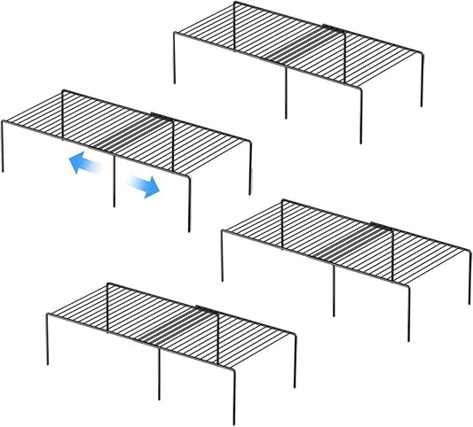 Kitchen Cabinet Expandable Shelf Organizers Set of 4, Adjustable Metal Wire Pantry Storage Shelves, Plate Dish Organizer Rack for Cabinets, Cupboard, Counter, Freezer, Countertop, Black