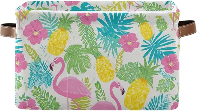 Aslsiy Storage Basket Summer Flamingo Hibiscus Nursery Bins Tropical Leaf Pineapple Baby Toys Box Canvas Clothes Shelf Basket Laundry Hamper Gift Basket for Home Closet 2 Pcs