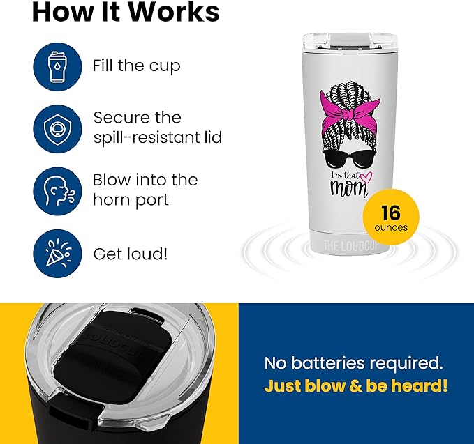 The LoudCup Blow Horn Tumbler, Cheer & Sip 2-in-1 Reusable Water Bottle with Built-In Horn for Sports Games, Tailgates, Parties & Events, BPA-Free