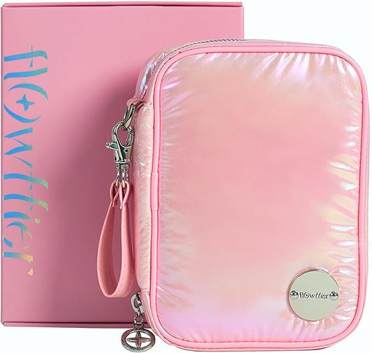 Travel Jewelry Organizer Case with Zipper and Mirrored Charm, Small Portable Jewelry Storage Bag for Rings, Necklaces, Earrings, Travel Pouch, Christmas Winter Gift for Her, Holographic Pink