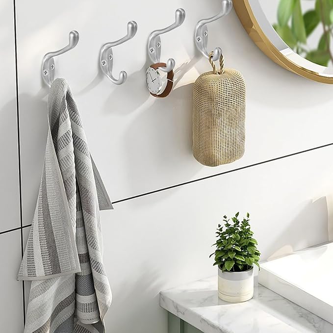 Jukzi Coat Hooks 5 Pack-Heavy Duty Wall Mounted Brushed Nickel Door Hooks Double Prong Hooks for Hanging Clothes/Towels/Key-Suitable for Bedroom/Bathroom/Entryway