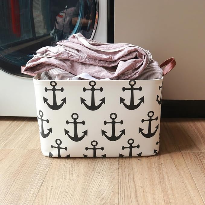 Laundry Basket Canvas Collapsible Storage Basket with Handles Children's Storage Basket for Home, Books (Anchor)
