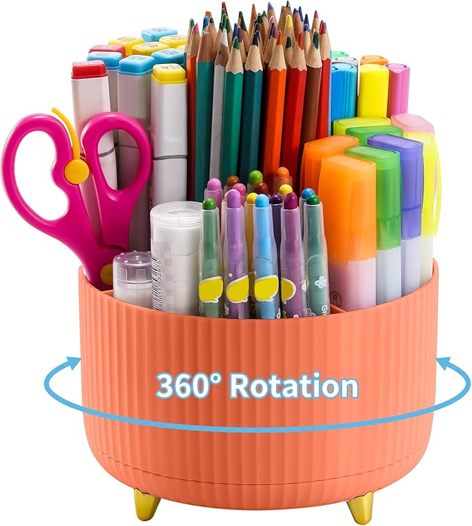 Marbrasse Desk Organizer, 360-Degree Rotating Pen Holder, Desk Organizers and Accessories with 5 Compartments Pencil Holder, Art Supply Storage Box Caddy for Office, Home（Orange）