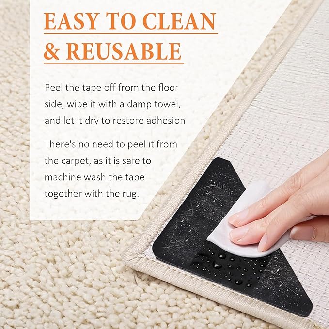 Songrey Rug Tape Rug Corner Grippers 24PCS, Reusable Double-Sided Carpet Tape to Hold Area Rugs Down, Non Slip Rug Pads Gripper for Hardwood Floors No Damage