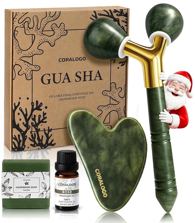 Coralogo Jade Gua Sha Facial Tools - 4pc Face Massager Tools Set with Gua Sha Facial Oil, Soap, Jade Roller for Puffiness Lymphatic Drainage Self Care Gift for Christmas Birthday Valentine's Day