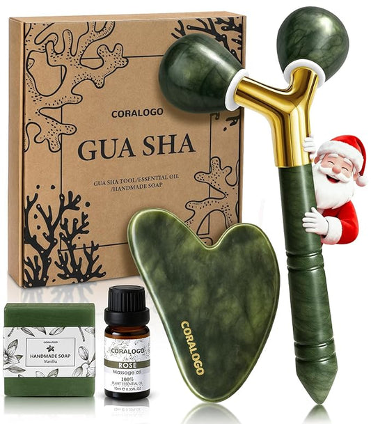 Coralogo Jade Gua Sha Facial Tools - 4pc Face Massager Tools Set with Gua Sha Facial Oil, Soap, Jade Roller for Puffiness Lymphatic Drainage Self Care Gift for Christmas Birthday Valentine's Day