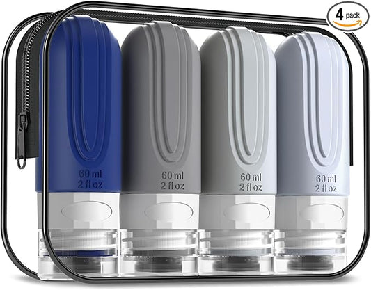 Travel Bottles for Toiletries, Tsa Approved 2oz Travel size Bottles, BPA Free Leak Proof Travels Toiletry Containers, Traveler Accessories with Toiletry Bag for Shampoo Liquid (4 Pack)