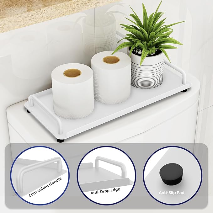 2 Pack Bathroom Vanity Tray, Toilet Tank Tray with Handle, Bathroom Trays for Counter, Toilet Tank, Kitchen (White)