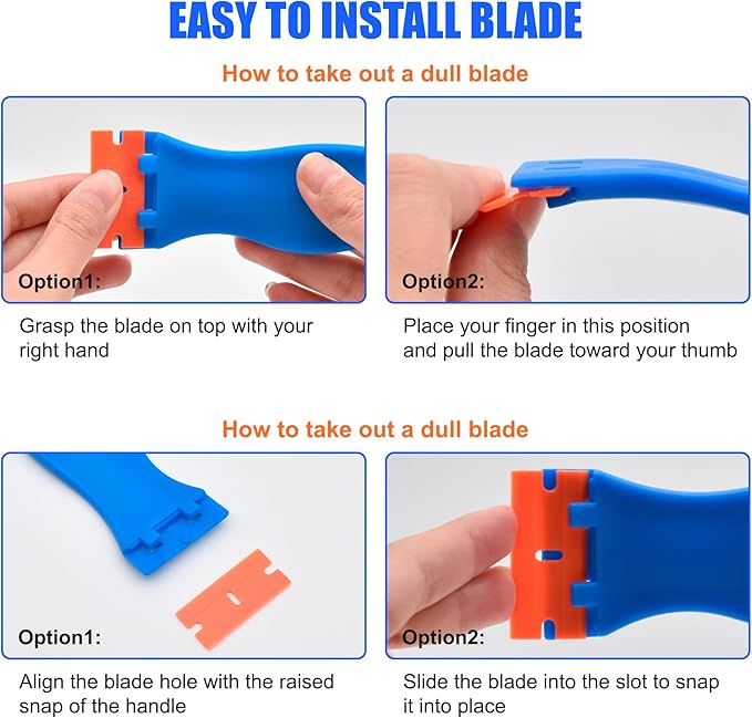 8 Pcs Plastic Razor Blade Scraper and 100 Pcs Blades, Remove Label Decal Tool， Forwithout Scratches Plastic Razor Blade Scraper, Adhesive Remover for Stickers, Kitchen Appliances and Paints on Window