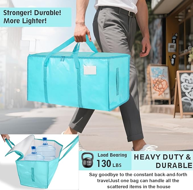 4 Pack-Extra Large Heavy Duty Moving Bags - Waterproof Storage Totes with Handles & Zippers, Foldable for College Dorm, Storage (lake blue)