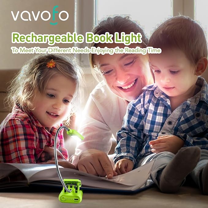 VAVOFO Rechargeable Book Light for Reading in Bed Kids, 7 LED Reading Light with 9-Level Warm Cool White Daylight, Eye Care Lamp with Power Indicator for Bookworms (Neon Green)