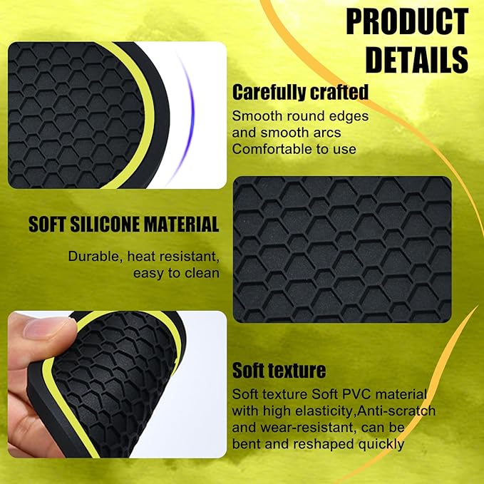 4PCS Car Cup Holder Coasters, 2.75 Inch Non-Slip Insert Cup Holder Pad, Dustproof Automotive Interior Accessories Mat, Universal for Trucks, Vehicles, RVs and More (Black/Yellow)